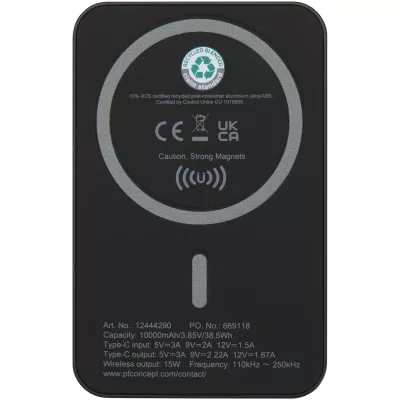 Acrab magnetyczny bezprzewodowy powerbank o pojemności 10 000 mAh i mocy 15 W z technologią 20 W PD — wykonany z tworzyw sztucznych pochodzących z recyklingu - Czarny (12444290)