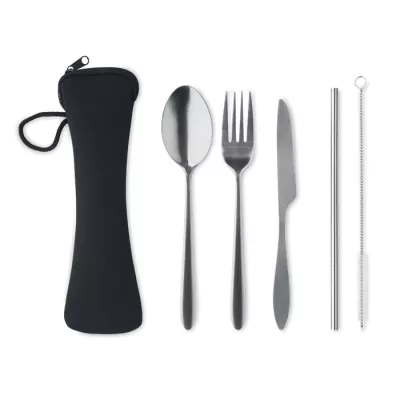 Sztućce stalowe ze słomką w etui 5 SERVICE - Czarny (MO6149-03)
