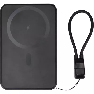 Powerbank SMART o pojemności 5000 mAh, wykonany z tworzywa sztucznego pochodzącego z recyklingu, ze smyczą na szyję - Czarny (12452990)
