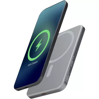 Powerbank Avis 5000 mAh z recyklingowanego aluminium posiadającego certyfikację RCS, z wbudowanym magnesem  - Gun metal (12444382)