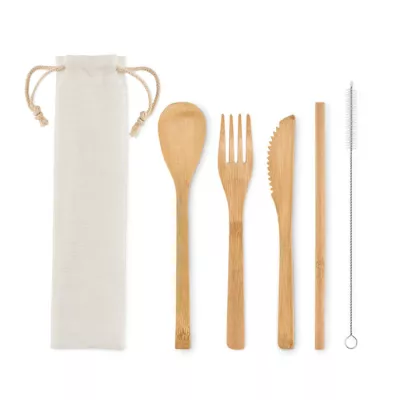 Sztućce bambusowe ze słomką w etui SETSTRAW - Bezowy (MO6121-13)
