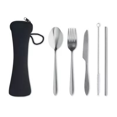 Sztućce stalowe ze słomką w etui 5 SERVICE - Czarny (MO6149-03)