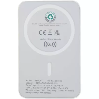 Acrab magnetyczny bezprzewodowy powerbank o pojemności 10 000 mAh i mocy 15 W z technologią 20 W PD — wykonany z tworzyw sztucznych pochodzących z recyklingu - Biały (12444201)