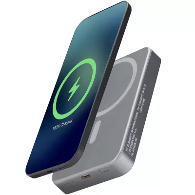 Powerbank Avis 10 000 mAh z recyklingowanego aluminium, z wbudowanym magnesem  - Gun metal (12444582)