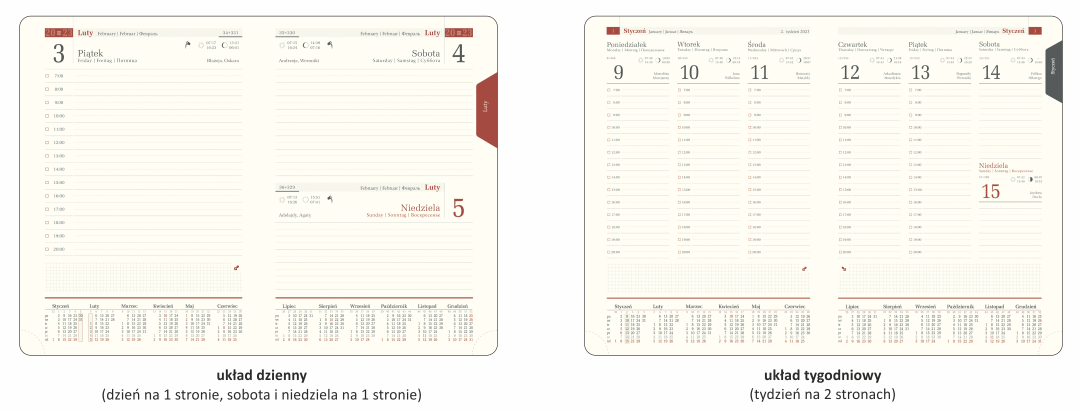układ tygodniowy i dzienny w kalendarzach książkowych